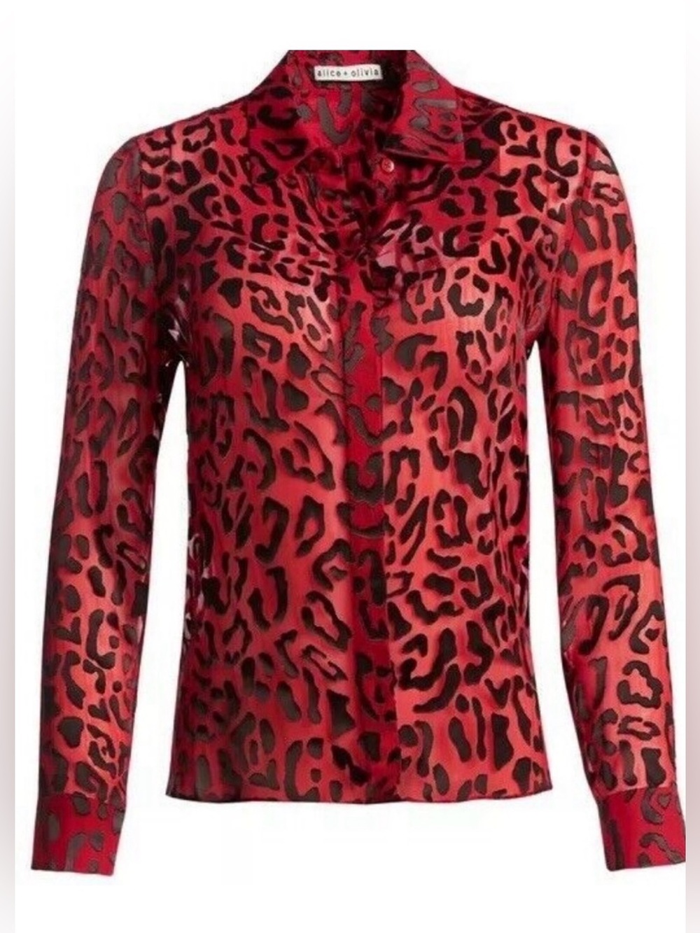 Alice + Olivia Red & Black Leopard Print Silk Blouse